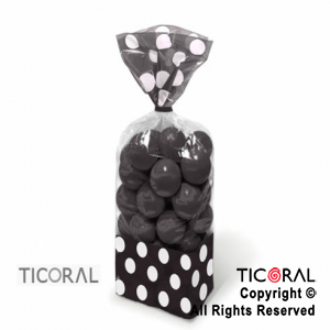 BOLSA CON FUELLE 10 x 15 CON LUNARES NEGRO CON PRECINTOS HS7188-6 x 18