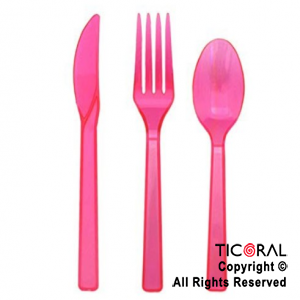 CUBIERTOS DE PLASTICO (TENEDOR CUCHILLO Y CUCHARA) NEON FUCSIA HS8972-2 X 24