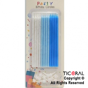 VELA 12 CM COMBINADA CON PORTAVELAS BLANCA CELESTE Y AZUL BRILLO X 12