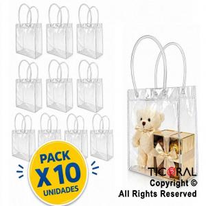 BOLSITAS PVC TRANSPARENTE CON MANIJAS Y BROCHE 15X13X7 CM (PACK X 10 UNIDADES)