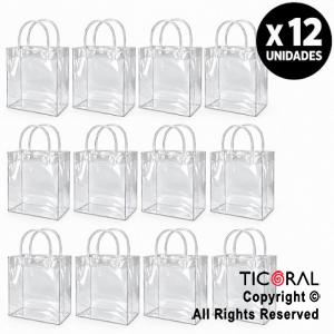BOLSITAS PVC TRANSPARENTE CON MANIJAS Y BROCHE 15X15X8 CM (PACK X 12 UNIDADES)