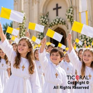 BANDERA PLASTICA PAPAL COMUNION 15 X 25CM x 25 UNIDADES