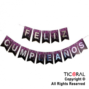 BANDERIN FELIZ CUMPLE FONDO DE CONFETI COLOR FUCSIA CON STAMPING x 1