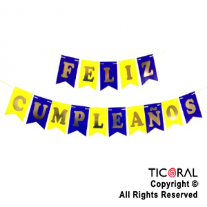 BANDERIN FELIZ CUMPLE COLOR AZUL Y AMARILLO CON STAMPING x 1