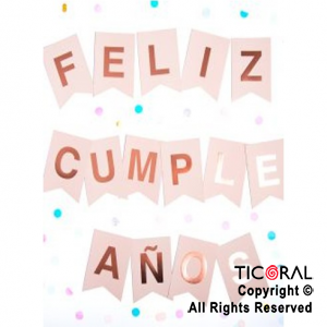 BANDERIN FELIZ CUMPLE COLOR ROSA CON STAMPING ROSA GOLD x 1