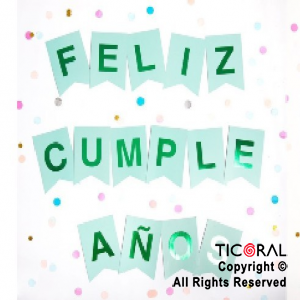 BANDERIN FELIZ CUMPLE COLOR AGUAMARINA CON STAMPING VERDE x 1