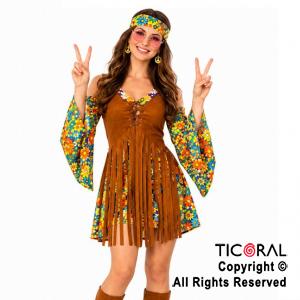 DISFRAZ HIPPIE MUJER VINCHA VESTIDO Y CHALECO MARRON ADULTO TALLE M (PS)