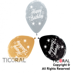 GLOBO SEMPERTEX R12 INF SATIN Y METAL FELIZ CUMPLEAOS DESTELLOS SURTIDO DELUXE TINTA BLANCA x 50