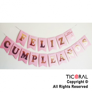 BANDERIN FELIZ CUMPLE COLOR ROSA PASTEL CON STAMPING x 1