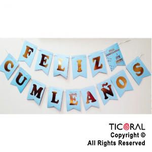 BANDERIN FELIZ CUMPLE COLOR CELESTE PASTEL CON STAMPING x 1