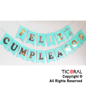 BANDERIN FELIZ CUMPLE COLOR VERDE AGUA CON STAMPING x 1