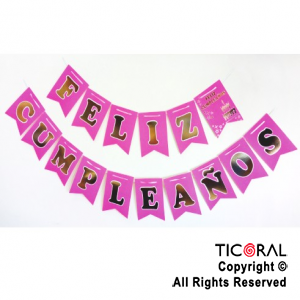 BANDERIN FELIZ CUMPLE COLOR FUCSIA FLUO CON STAMPING x 1