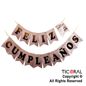 BANDERIN FELIZ CUMPLE COLOR ROSA GOLD CON STAMPING x 1