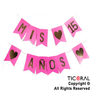 BANDERIN MIS 15 A?OS COLOR ROSA FUCSIA CON STAMPING x 1