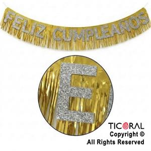 GUIRNALDA BANDERIN FELIZ CUMPLEA�OS CON FLECOS HOLOGRAFICO ORO X 2 MTS