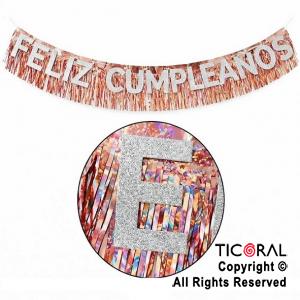 GUIRNALDA BANDERIN FELIZ CUMPLEA�OS CON FLECOS HOLOGRAFICO ROSA GOLD X 2 MTS