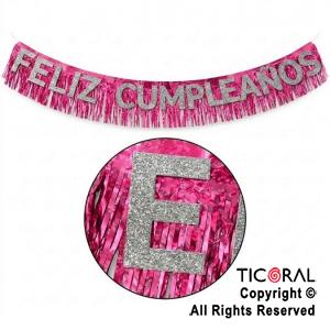 GUIRNALDA BANDERIN FELIZ CUMPLEA�OS CON FLECOS HOLOGRAFICO ROSA X 2 MTS