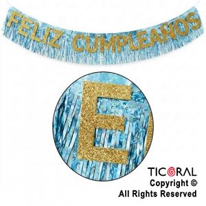 GUIRNALDA BANDERIN FELIZ CUMPLEA�OS CON FLECOS HOLOGRAFICO CELESTE X 2 MTS