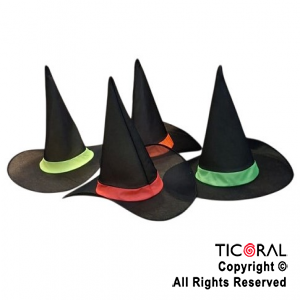 SOMBRERO BRUJA NEGRO CON TIRA FLUO COLORES SURTIDOS x 1