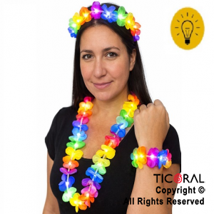 SET HAWAIANO VINCHA PULSERA Y COLLAR CON LUZ FLORES DE TELA MULTICOLOR x 1