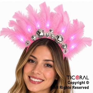 VINCHA DISCO LUMINOSA CON PLUMAS ROSAS