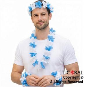 SET HAWAIANO FLORES ARGENTINA VINCHA COLLAR Y 2 PULSERAS CELESTE Y BLANCA