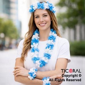 SET HAWAIANO FLORES ARGENTINA VINCHA COLLAR Y 2 PULSERAS CELESTE Y BLANCA