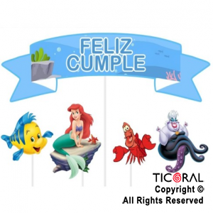 ADORNO PINCHE PARA TORTA FELIZ CUMPLE LA SIRENITA x 5 UNIDADES