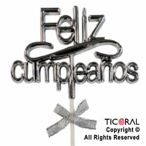 CAKE TOPPER FELIZ CUMPLEA?OS COLOR PLATA CON PINCHE X 1