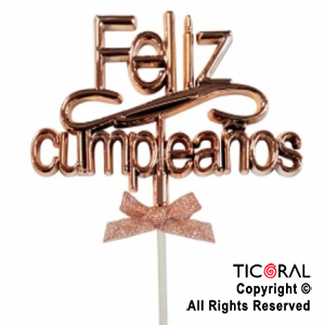 CAKE TOPPER FELIZ CUMPLEA?OS COLOR ROSA GOLD CON PINCHE X 1