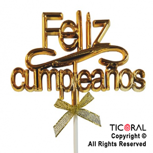 CAKE TOPPER FELIZ CUMPLEA?OS COLOR ORO CON PINCHE X 1