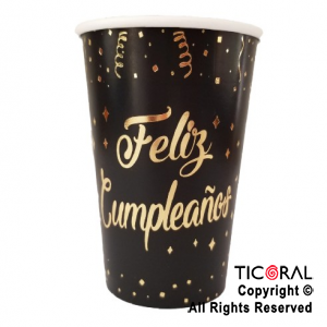 VASO POLIPAPEL 240CC FELIZ CUMPLEA?OS NEGRO CON STAMPING X 8