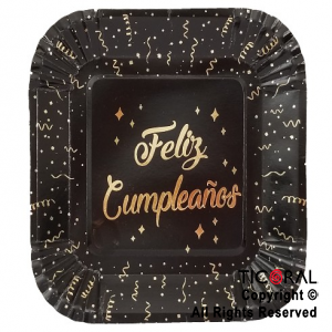 PLATO POLIPAPEL FELIZ CUMPLEA?OS NEGRO CON STAMPING X 8