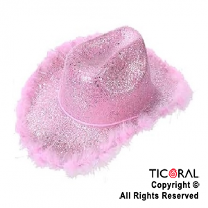 SOMBRERO COWBOY GLITTER Y PLUMAS ROSA x 1