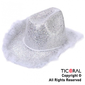 SOMBRERO COWBOY GLITTER Y PLUMAS BLANCO x 1