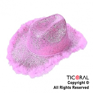 SOMBRERO COWBOY GLITTER Y PLUMAS FUCSIA x 1