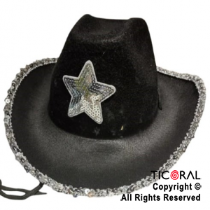 SOMBRERO COWBOY ESTRELLA Y LENTEJUELAS NEGRO x 1