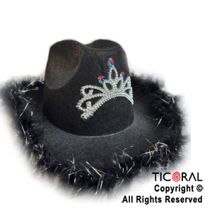 SOMBRERO COWBOY CORONA DECO PLATA Y PLUMAS NEGRO x 1