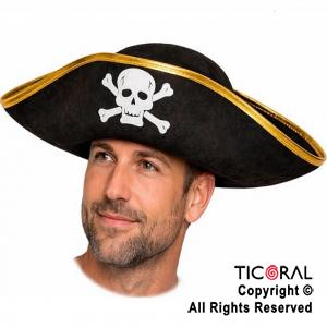 SOMBRERO PIRATA CON BANDERA PIRATA BORDES ORO x 1