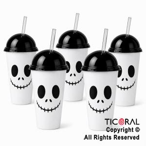 VASO DOMO HALLOWEEN JACK BLANCO CON TAPA NEGRA Y SORBETE 400 ML X 5 UNIDADES