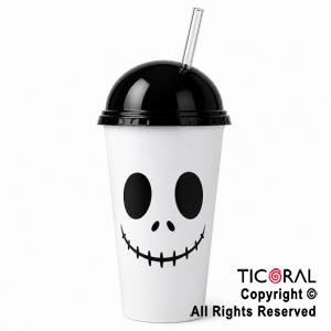 VASO DOMO HALLOWEEN JACK BLANCO CON TAPA NEGRA Y SORBETE 400 ML X 5 UNIDADES