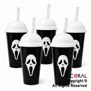 VASO DOMO HALLOWEEN SCREAM NEGRO CON TAPA BLANCA Y SORBETE 400 ML X 5 UNIDADES