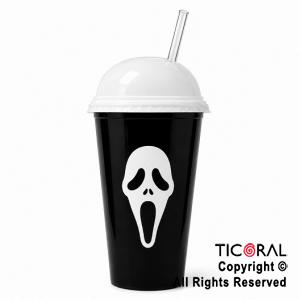 VASO DOMO HALLOWEEN SCREAM NEGRO CON TAPA BLANCA Y SORBETE 400 ML X 5 UNIDADES