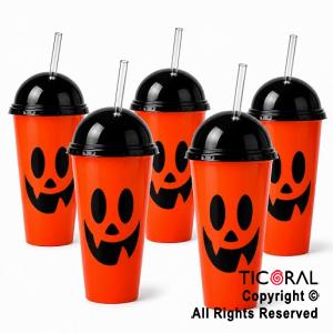VASO DOMO HALLOWEEN CALABAZA NARANJA CON TAPA NEGRA Y SORBETE 400 ML X 5 UNIDADES