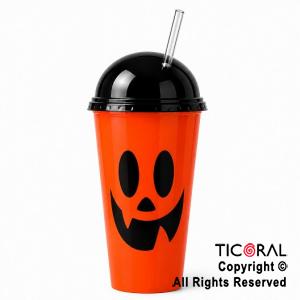 VASO DOMO HALLOWEEN CALABAZA NARANJA CON TAPA NEGRA Y SORBETE 400 ML X 5 UNIDADES