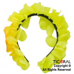VINCHA HAWAIANA CON FLORES FLUO AMARILLO DE TELA x 12 UNIDADES