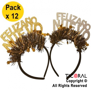 VINCHA FELIZ AO NUEVO ESTRELLAS PLATA Y ORO x 12