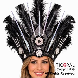 VINCHA TOCADO HOJA PLUMAS NEGRO DECO PLATA