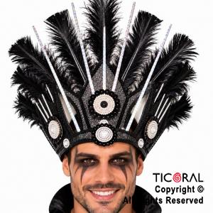 VINCHA TOCADO HOJA PLUMAS NEGRO DECO PLATA
