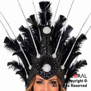 VINCHA TOCADO ESPADA PLUMAS NEGRO DECO PLATA